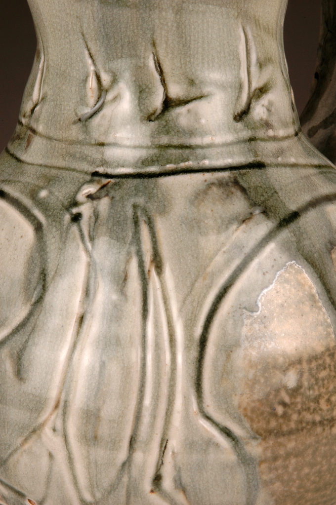 detail, wet scragfitto, ash glaze over porcelain slip